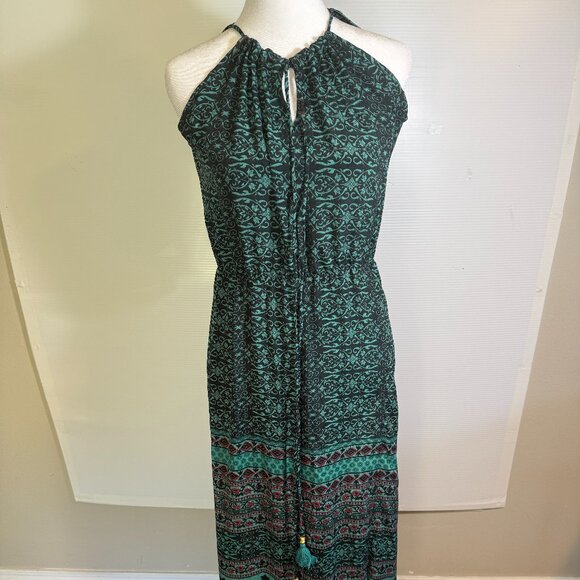 Earthbound Trading Women's Med Halter Maxi Green Paisley Dress Boho Flowy Slit - Picture 1 of 13